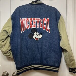 Vintage L/XL Mickey Mouse & Co. Denim Varsity Jacket 90's Heavyweight Disney
